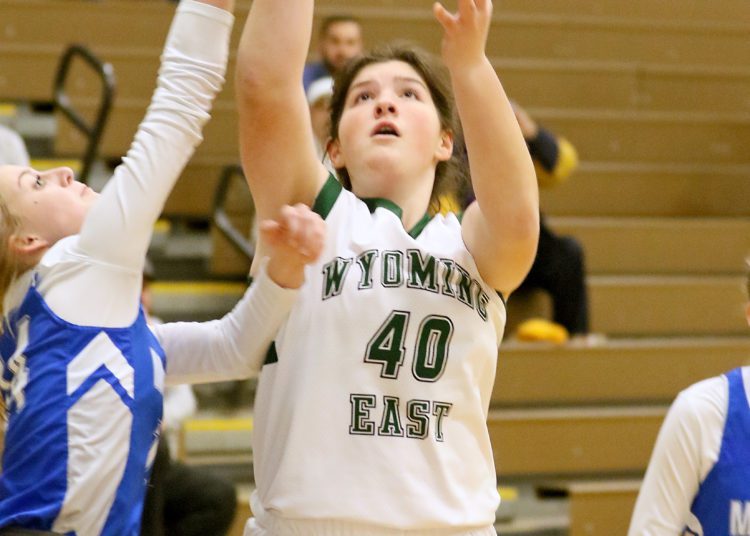 (Brad Davis/For LootPress) Wyoming East's Alivia Monroe scores against Mercer Christian Thursday night in New Richmond.