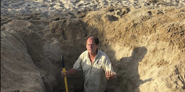 In this image provided by the Town of Kill Devil Hills, N.C., David Elder, ocean rescue supervisor for Kill Devil Hills, N.C, stands in a hole he estimates to be 7 feet deep on May 15, 2022. Authorities in coastal North Carolina are investigating the death of a teenager who became trapped in a hole that was dug in the sand on Saturday May 6, 2023. It is the latest fatality from the scourge of sand holes that continues to claim young people's lives. (Town of Kill Devil Hills via AP)