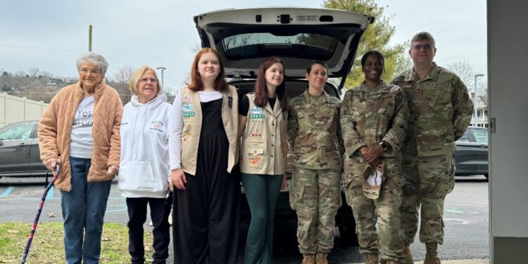 Members of the West Virginia Air National Guard assist local Girl Scouts with loading donated items into vehicles for the West Virginia Gold Star Mothers Association at the Girl Scouts of Black Diamond Council on Wednesday, Feb. 14, 2024 in Charleston. (Photo: GSBDC)