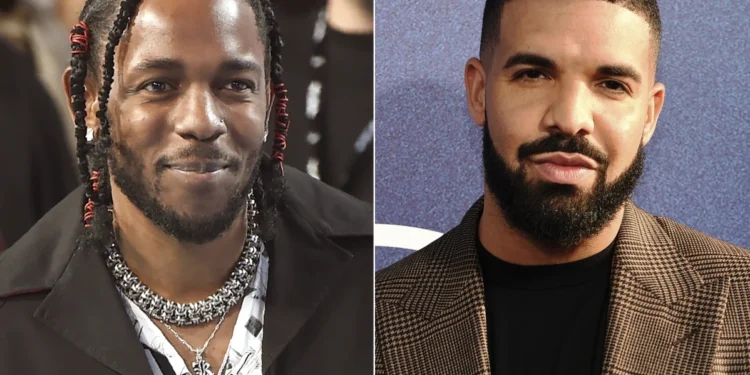 Rapper Kendrick Lamar appears at the MTV Video Music Awards, on Aug. 27, 2017, in Inglewood, Calif., left, and Canadian rapper Drake appears at the premiere of the series "Euphoria," in Los Angeles on June 4, 2019. (AP Photo)