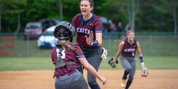 Bluefield pitcher Izzy Smith celebrates with catcher Grace Richardson after clinching the Class AA Region 3 championship (File Photo by Heather Belcher)