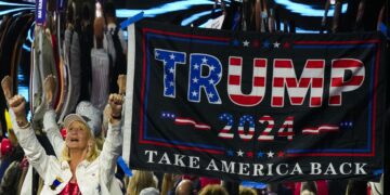 A supporter cheers during the Republican National Convention Thursday, July 18, 2024, in Milwaukee. (AP Photo/Charles Rex Arbogast)