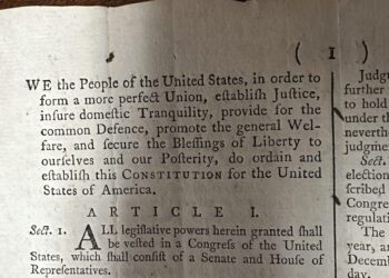 CORRECTS NAME TO BRUNK AUCTIONS - Part of an 1787 copy of the U.S. Constitution that will be put up for auction on Sept. 28, 2024 is shown at Brunk Auctions in Asheville, North Carolina, on Thursday, Sept. 5.  (AP Photo/Jeffrey Collins)