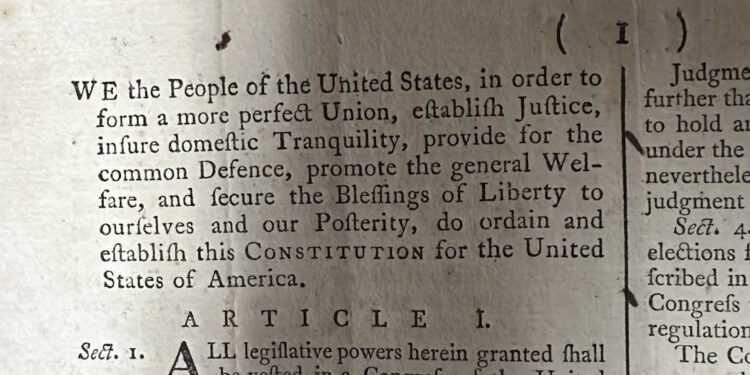 CORRECTS NAME TO BRUNK AUCTIONS - Part of an 1787 copy of the U.S. Constitution that will be put up for auction on Sept. 28, 2024 is shown at Brunk Auctions in Asheville, North Carolina, on Thursday, Sept. 5.  (AP Photo/Jeffrey Collins)