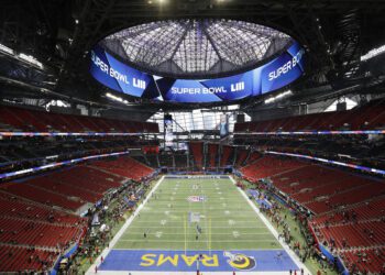 FILE - The Mercedes-Benz Stadium is prepared ahead of the NFL Super Bowl 53 football game between the Los Angeles Rams and the New England Patriots Sunday, Feb. 3, 2019, in Atlanta. (AP Photo/David Goldman, File)