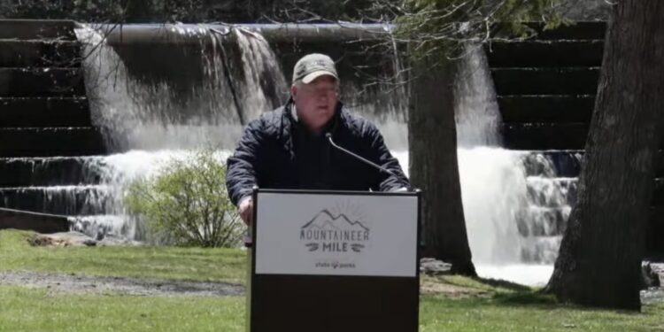 Gov. Patrick Morrisey announces official “Mountaineer Mile Trails” in West Virginia State Parks at Little Beaver State Park on Wednesday afternoon.