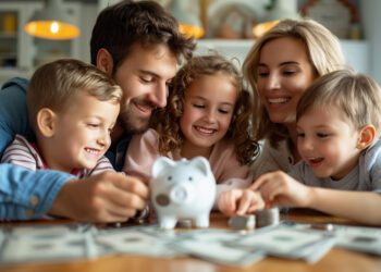 A joyful family gathered around a table, teaching children about saving money using a piggy bank. The scene captures warmth, togetherness, and financial education.